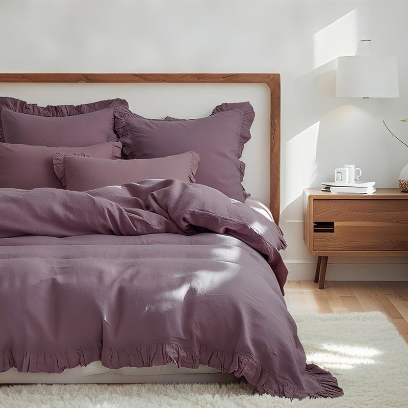 Simple&Opulence 100% Linen Duvet Cover Set, 3 PCS Natural French Flax Purple Ruffle Duvet Cover Queen Size, Breathable Comfy Linen Bedding Comforter Cover with 2 Pillowcases (Purple, 88" X 92") - Image 1